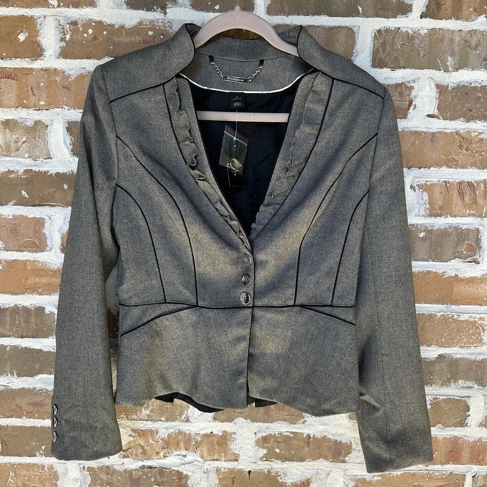 White House Black Market Blazer Taupe Brown Black Ruffle Trim Jacket‎ 6 NWT